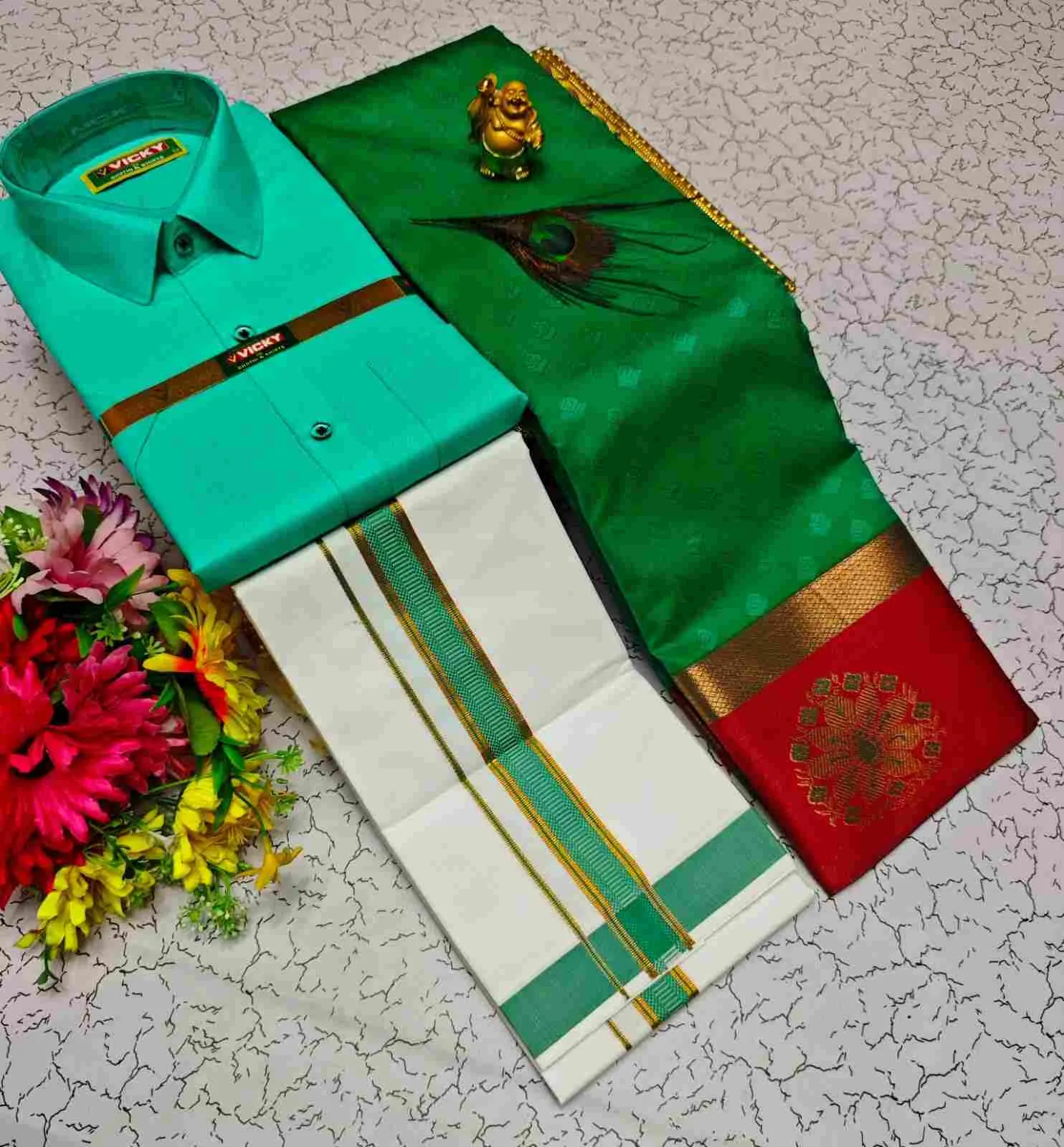 Mayil Teal Green Contrast Kubera Silk Couple Combo